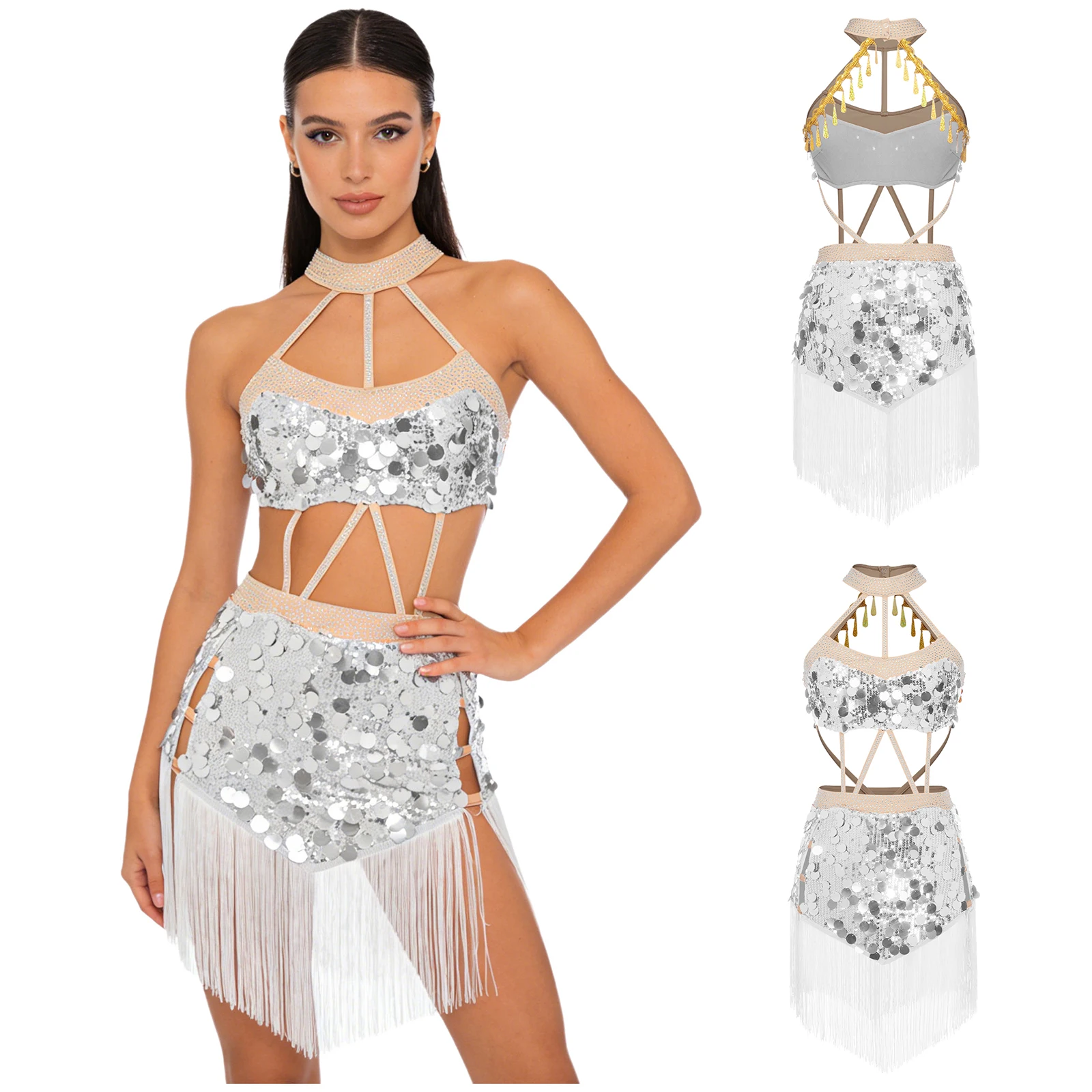 

Женское платье-комбинезон для латиноамериканских танцев (Танго, Ча-ча-ча, Самба, Румба, Сальса) с вырезом халтер, пайетками, стразами и бахромой, с вырезами, танцевальная одежда