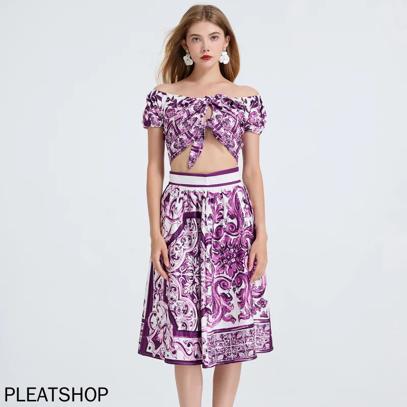 

Sexy One-shoulder Bow-tie Strap Short-sleeved Top + High-waisted Printed Skirt Two-piece Set