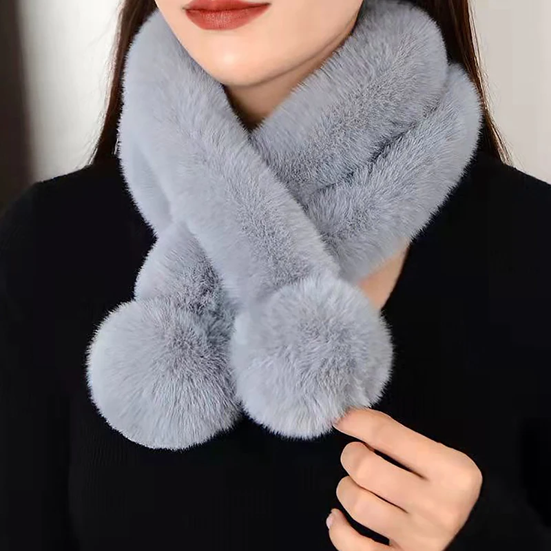 Faux Rabbit Fur Sweet Plush Ball Girl Lolita Neckerchief Furry Scarf Wrap Winter Neck Warmer Thickened Plush Unisex Scarf Wrap