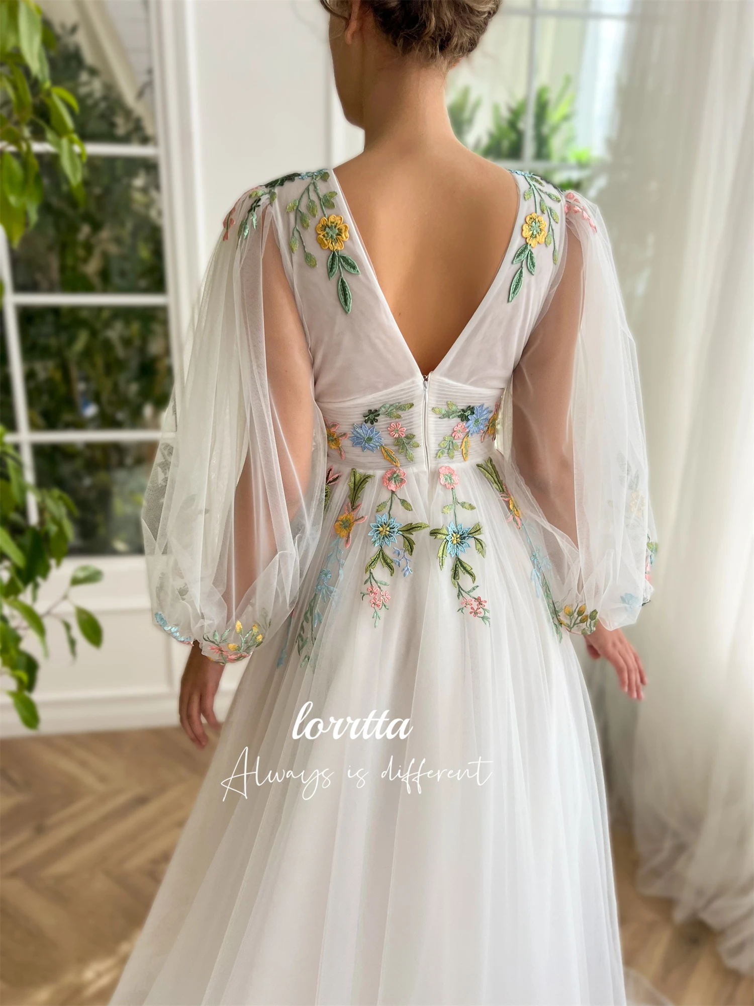 Wedding Party Graduation Gown Line A Floral Embroidery Fabric Long Sleeves Mesh Customized Dresses for Formal Occasions Dress