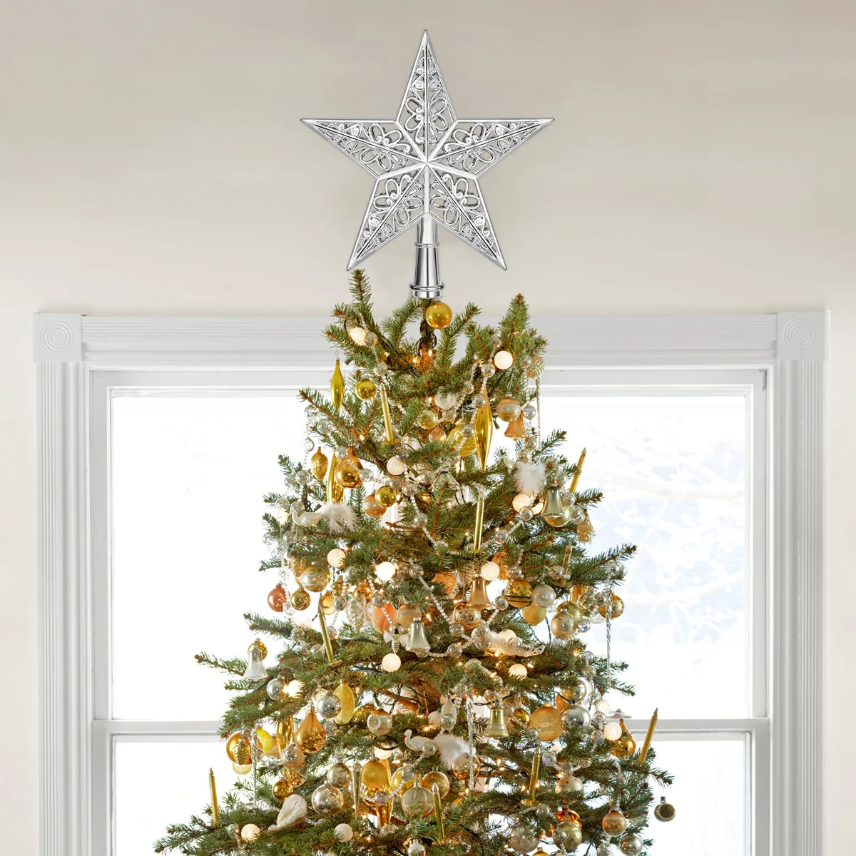 Tinksky uitgeholde kerstboom Sparkle Star glinsterende hangende kerstboomtopper decoratie ornamenten woondecoratie (zilver)