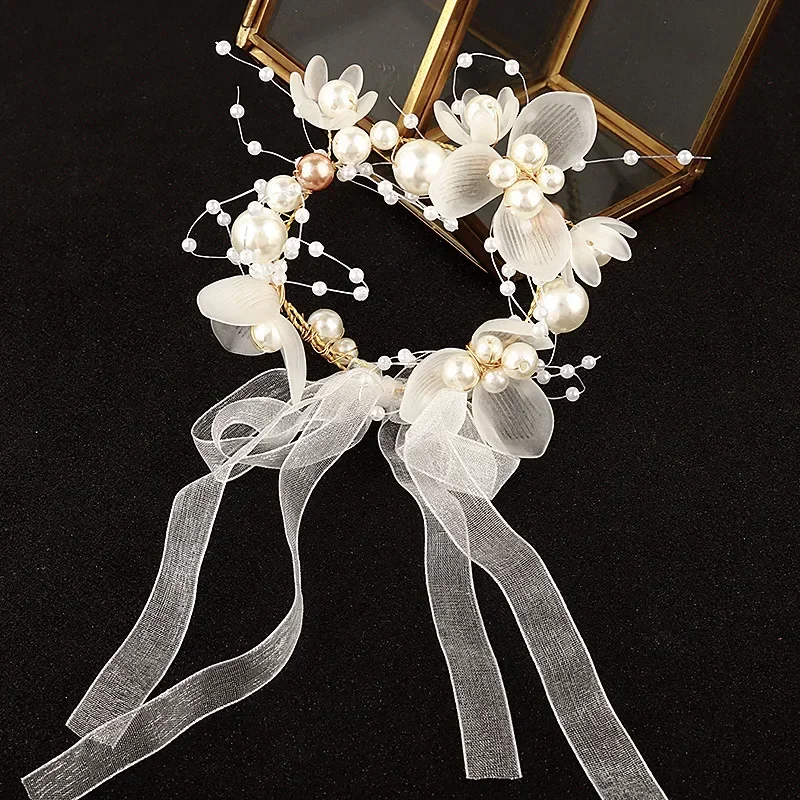 Flor de muñeca de perlas a la moda para niñas, dama de honor, boda, pulsera de flores de mano con cordones, accesorios para fiesta de graduación, decoración para fiesta de baile