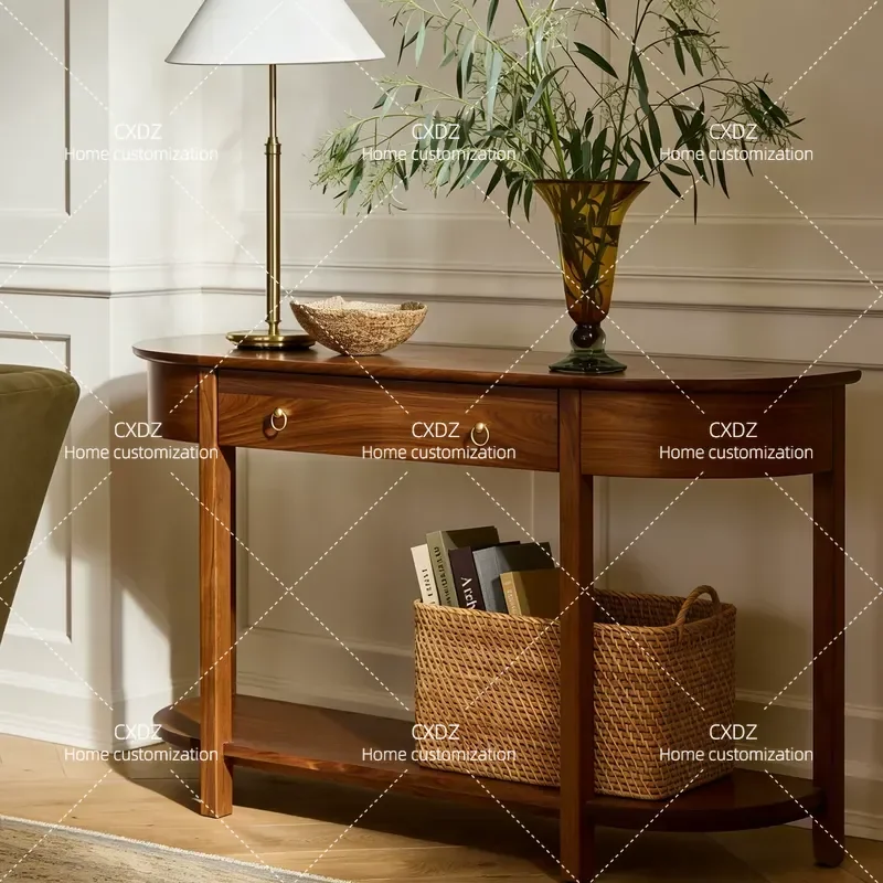 American Country Solid Wood Semi Round Porch Table with Drawer Entryway Foyer Storage Cabinet Decorative Console Table