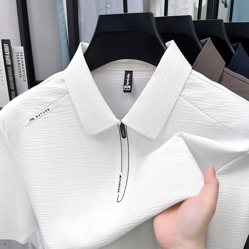 High quality brand men short sleeve polo shirt letters embossed summer ice silk breathable new fashion half zipper lapel T-shirt