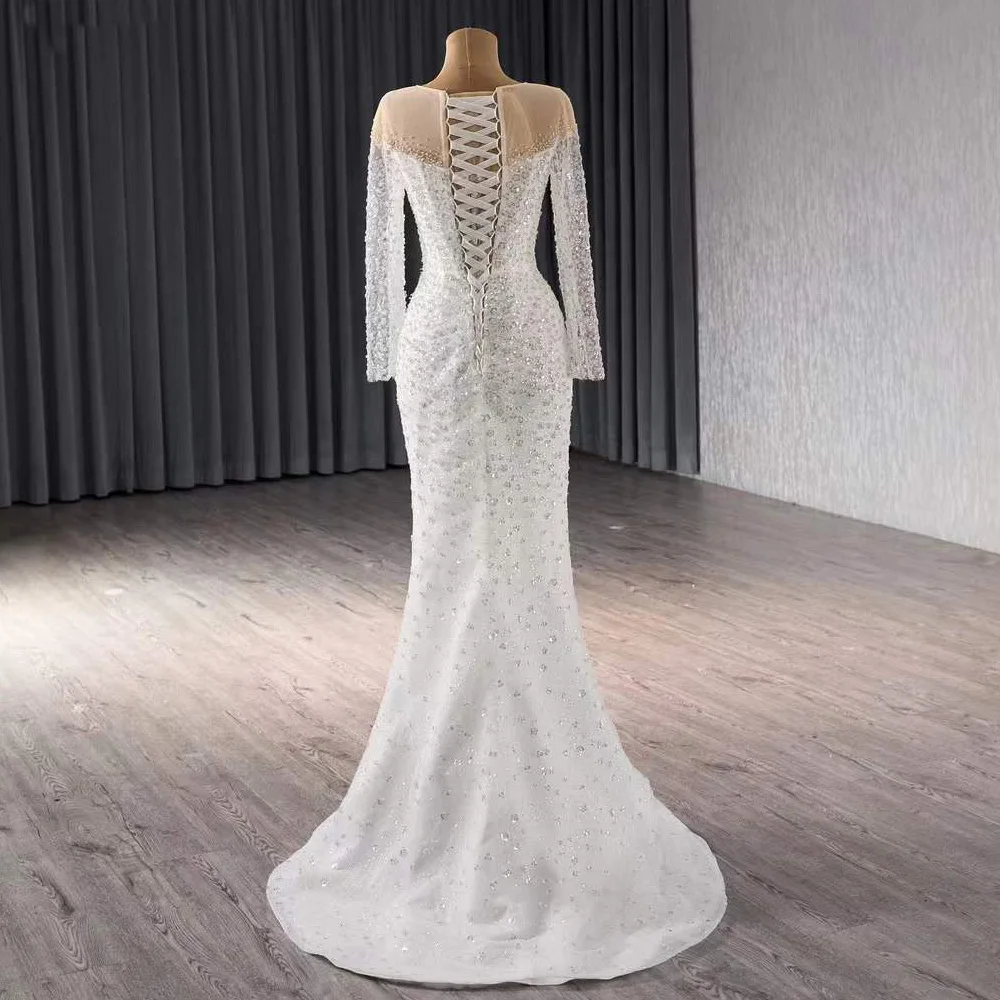 Custom Wedding Dress O-Neck Long Sleeve Detachable Skirt Sequins Beading Lace Up Back Customized White Wedding Dresses