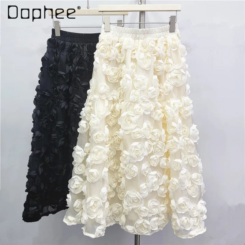

Европейская и американская мода, пышная юбка средней длины в сказочном стиле, французская элегантная трехмерная юбка с розовым цветком для женщин, модная