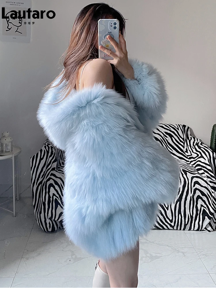 Lautaro ฤดูหนาวขนมีขนหนานุ่มสี Faux Fur Jacket ผู้หญิง Hood ค้างคาวหลวมสบายๆเสื้อผ้า