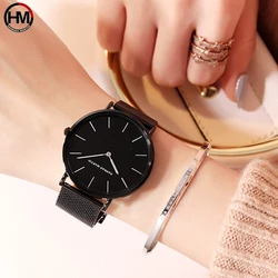 Hannah Martin Women Quartz Watches Simple Mesh Design Waterproof Stainless Steel Ultra Thin Dial Ladies Watches Relogio Feminino
