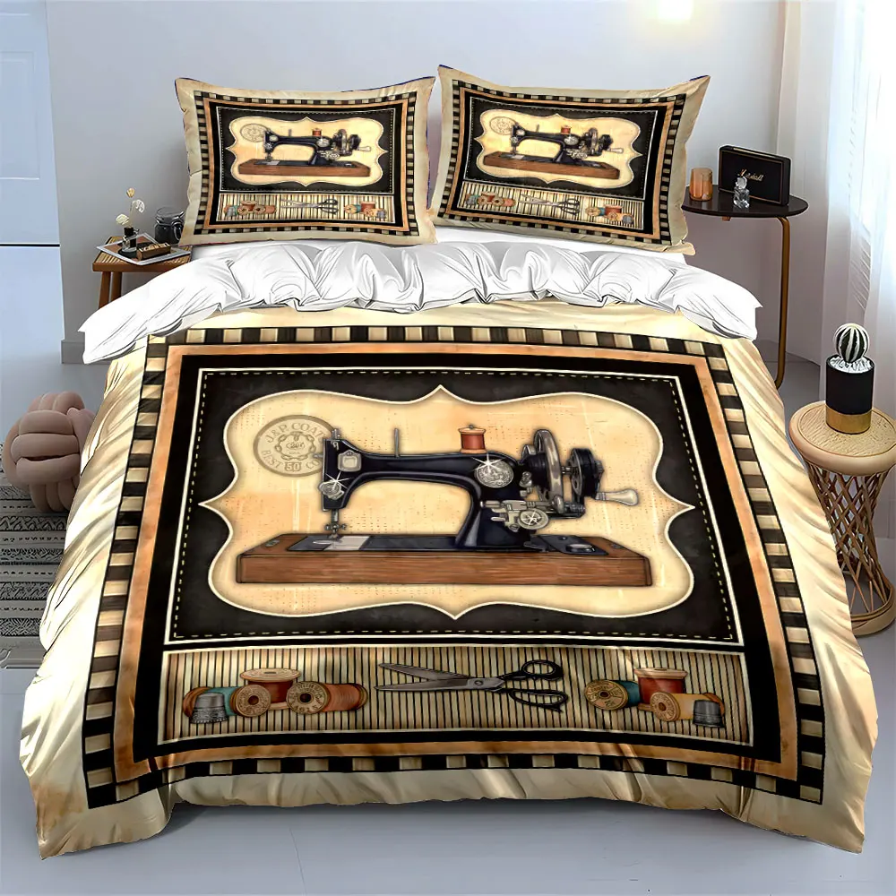 3Pcs Vintage Sewing Machine Bedding Set, Retro Craft Room Print Duvet Cover Set, Antique Tailor Tools Pattern for Sewing Lovers