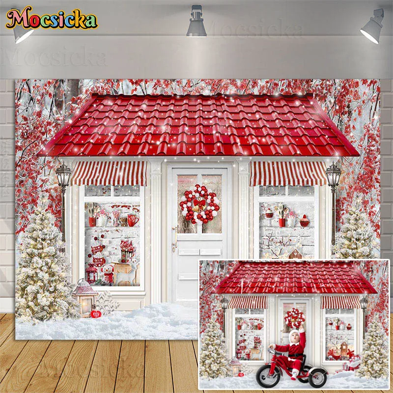 

Christmas Photography Background Winter Snow Scene Xmas Props Store Forest Red House Decor Kids Portrait Backdrops Photo Studio