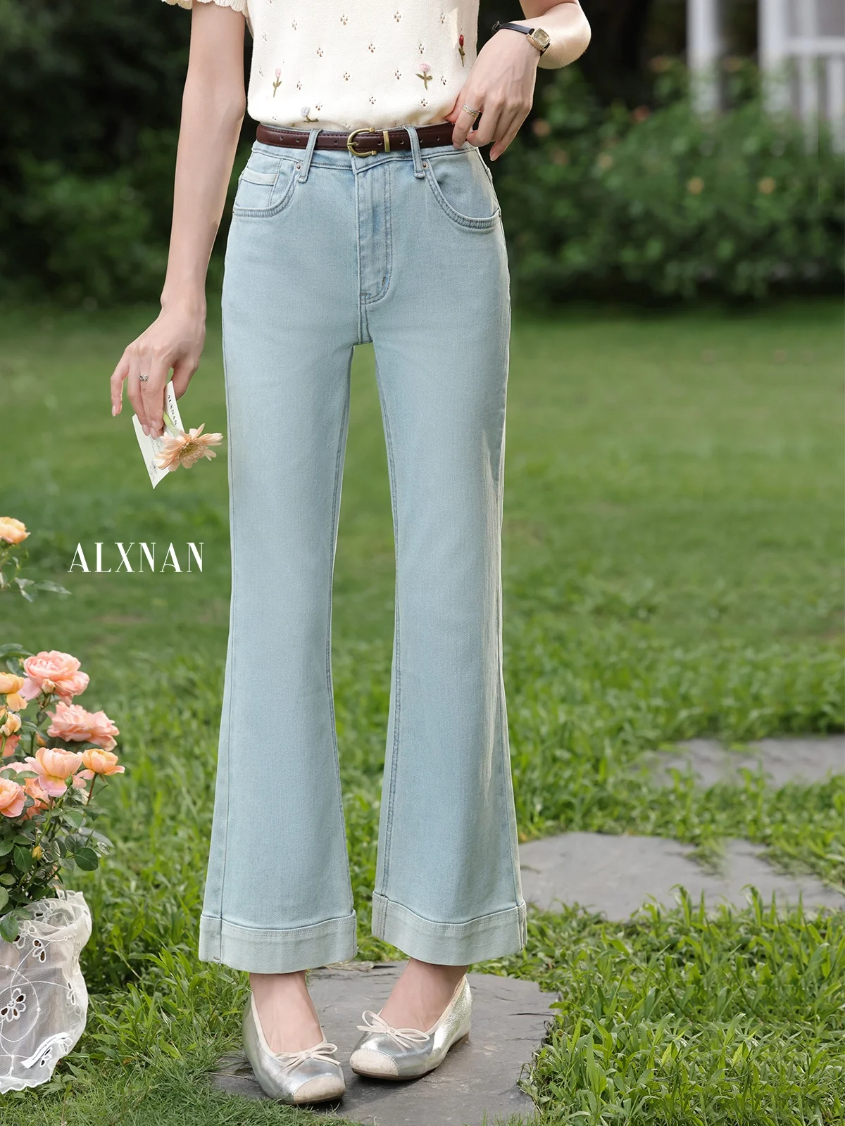 

Светло-голубые модные джинсы-клеш с прямыми штанинами, женские, свободного кроя, летние, длинные брюки от Deer South