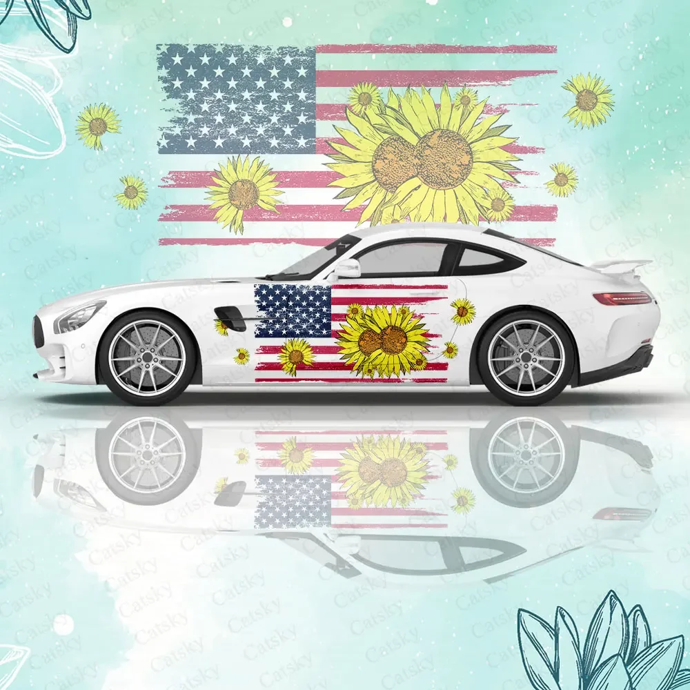 Custom Sunflower US Flag Car Body Sticker Vinyl Side Decal Body Wrap Cover  Auto Accessories Decoration Protective Film Gift