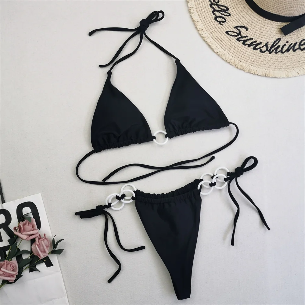 Bikini con tirantes y espalda descubierta para mujer, traje de baño de 2 piezas con cuello Halter, bañador Sexy con espalda descubierta, Micro triángulo, Tanga, ropa de baño brasileña para playa, Mayo