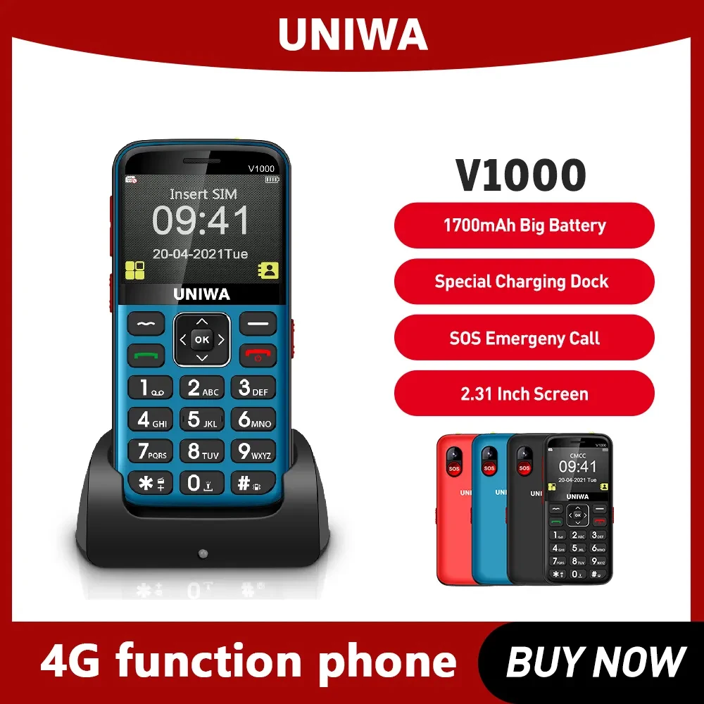 UNIWA V1000 4G Feature Phone 2.31 Inch Big Button Mobile Phone 0.3MP Rear Camera Cellphone Russia Keyboard for Elderly 1700mAh