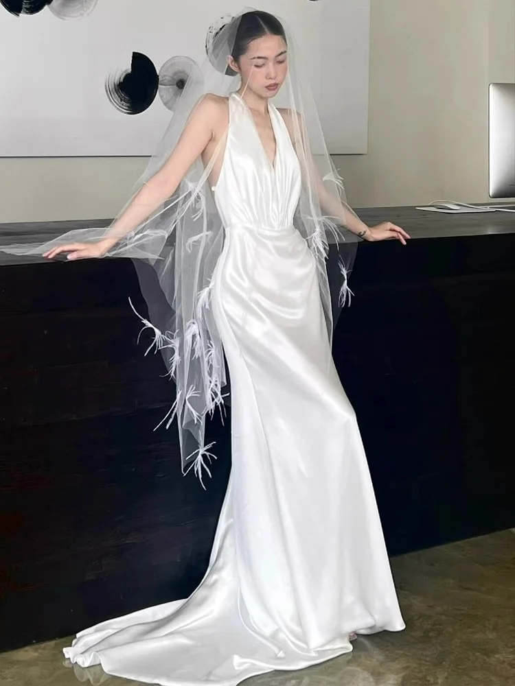 Ivory-vestidos de satén con cuello en V para mujer, vestido de noche de estilo francés, con espalda descubierta, alfombra roja de sirena para boda, 2024