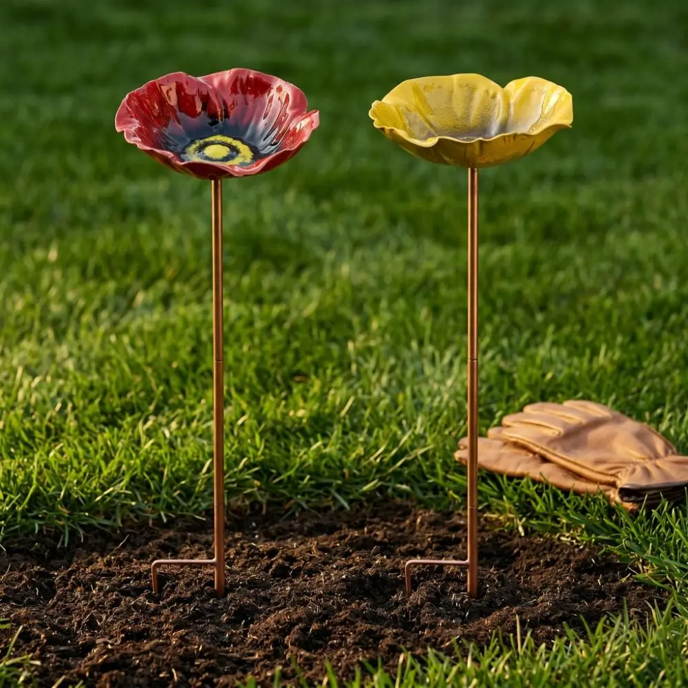 Metal Bird Bath Stand Flower Shaped Colorful Bee Butterfly Watering Station Ground Insert Iron Art Bird Water Dispenser Patio