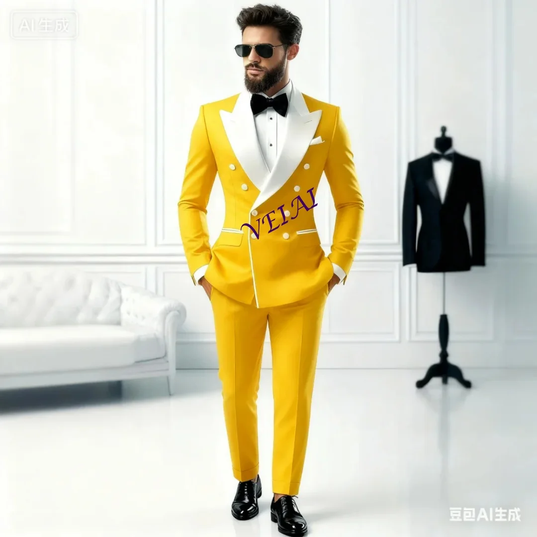 

CustomizedMen's 2-Piece Casual Smalking Set with White Lapel Blazer And Black Pants Wedding Groomsmen Suit for Ceremony And Fest