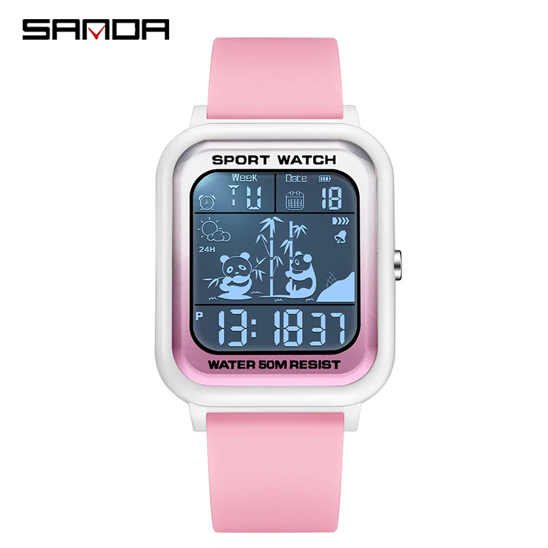 SANDA 2025 camiseta nueva patrón de Panda cuadrado gradiente reloj electrónico deportes Casual al aire libre impermeable tendencia reloj de pulsera Unisex 6120