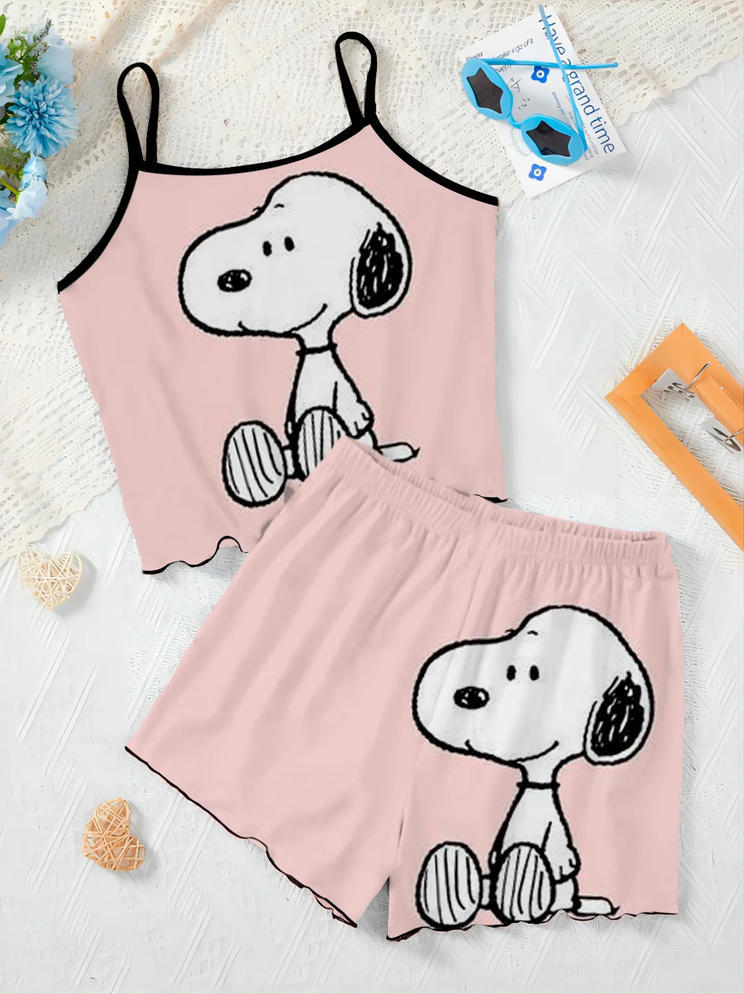 Disney Slip Dress Krótkie zestawy dla kobiet 2-częściowy zestaw dwuczęściowy Snoopy Damski garnitur T-shirt Top Elegancki dół Disney Home Dress