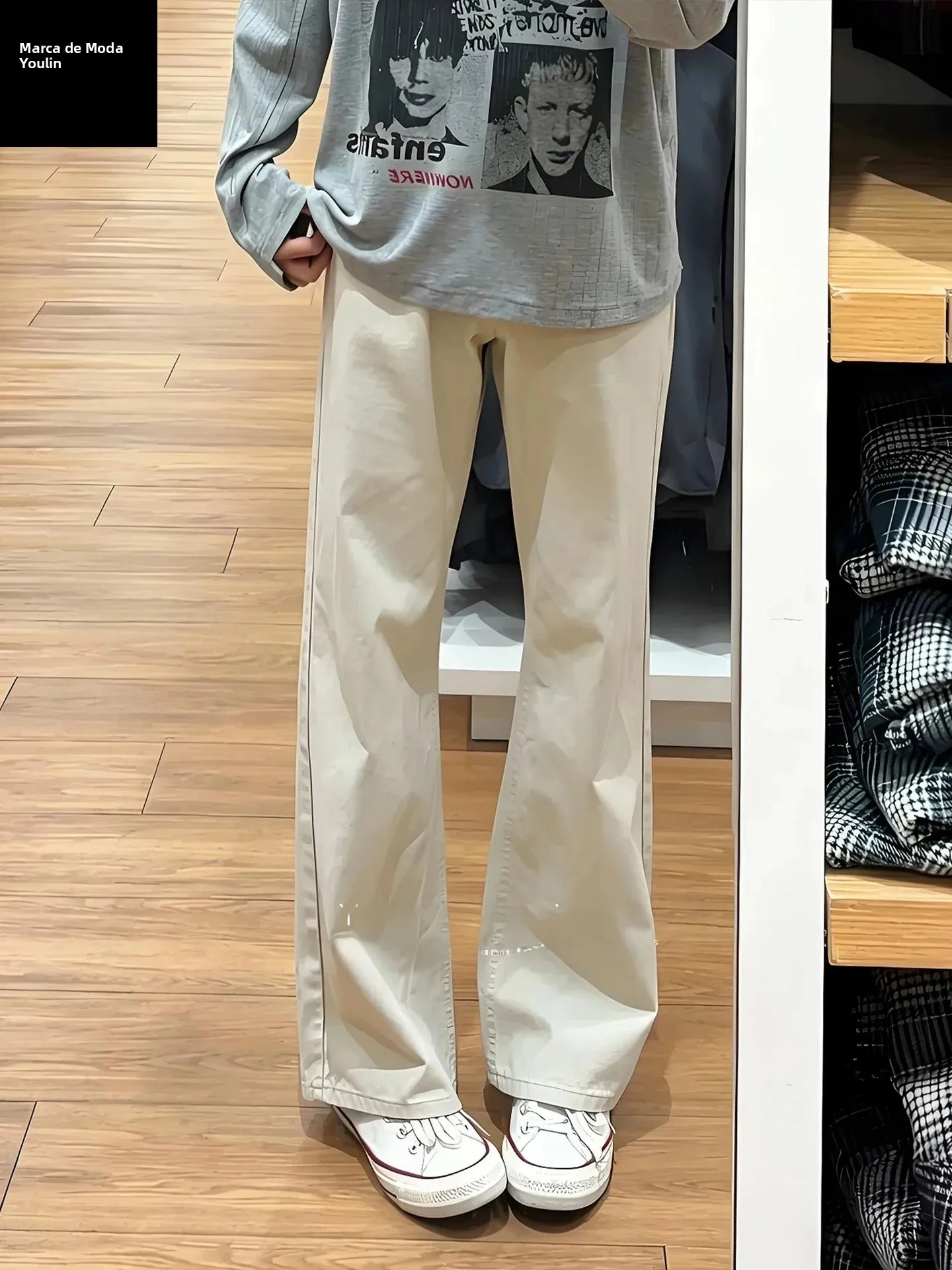 Calça Jeans Branca Leite com Corte Reto para Homens e Mulheres, Estilo Americano Retrô, Lavagem de Algodão Puro, Ajuste Slim ...