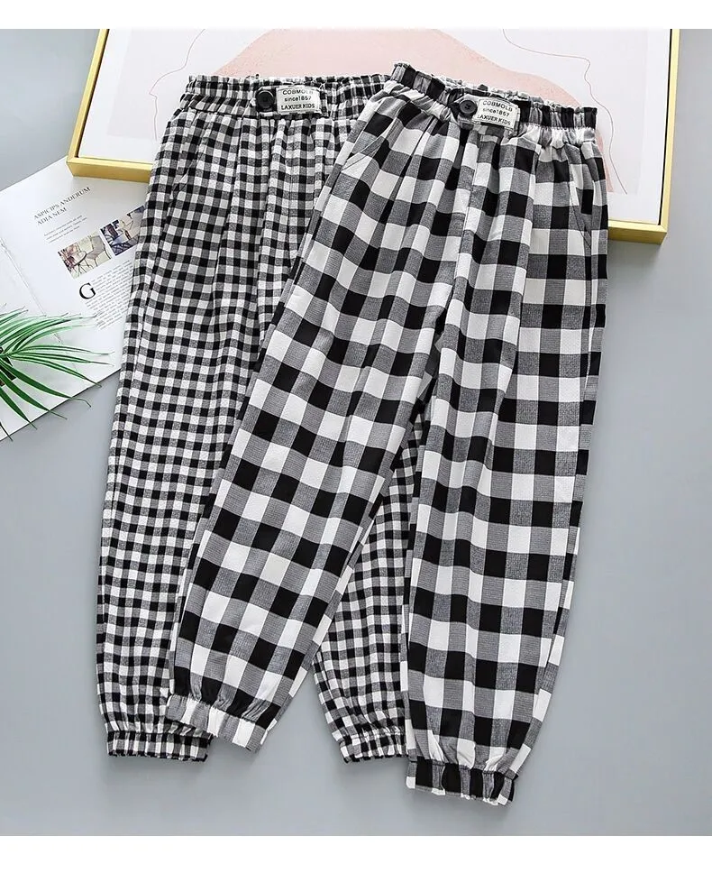 Ice Silk Children's Trousers Boys and Girls' Checkered Loose Pants Summer Thin New Baby Quick Drying Pants