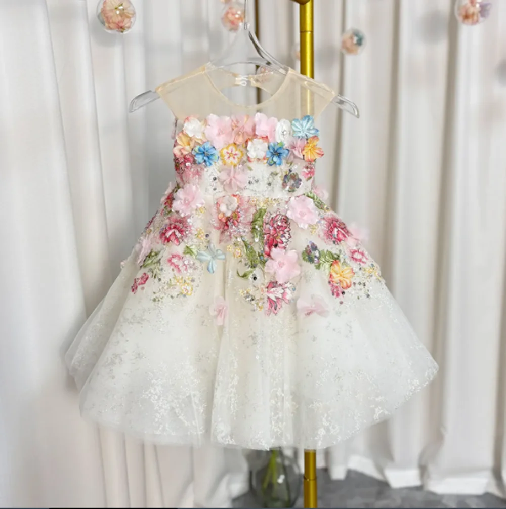 Blumenmädchenkleid mit Blumenmuster, Spitze, Blumen, ärmellos, Prinzessin, Kleinkind, Kinder, Hochzeit, 1. Geburtstag, Festzug, Partykleid