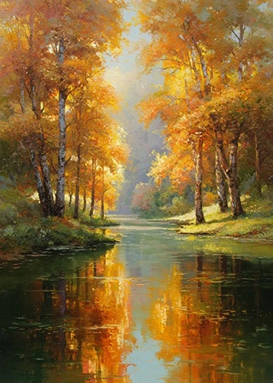 Frameless Autumn Forest River Canvas Wall Art, Warm Fall Landscape Print for Living Room Decor