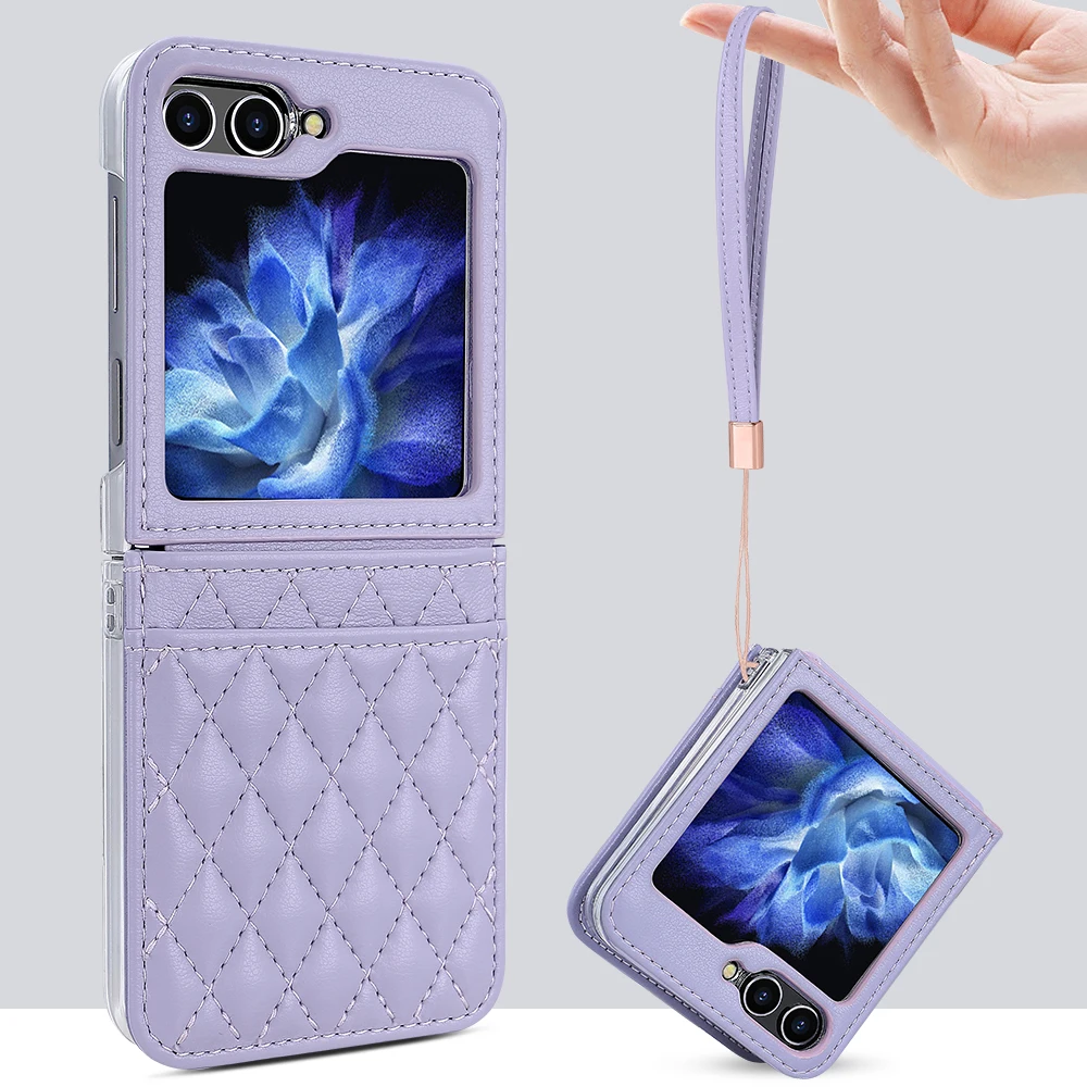 VIETAO-Leather Mobile Phone Case for Samsung Galaxy Z Flip 6, Hand Strap, Wristband Card Purse, Protective Hinge Cover,Purple 5,