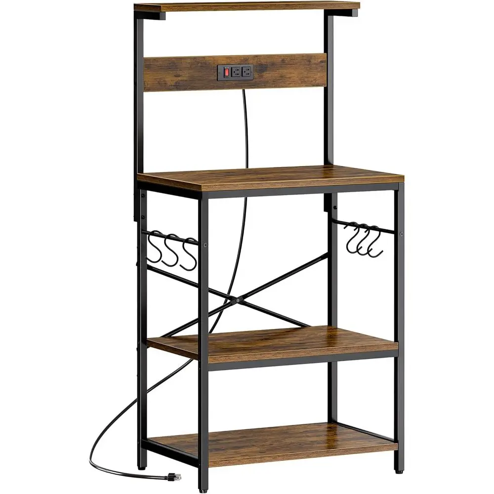

Kitchen Bakers Rack with Power Outlet, Coffee Bar Table 4 Tiers, Kitchen Microwave Stand with 6 S-shaped Hooks, Storag