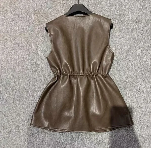 Nieuwste mode jas bovenkleding hoge kwaliteit PU leer dameszak trekkoord taille patchwork casual zwart kaki vest jassen