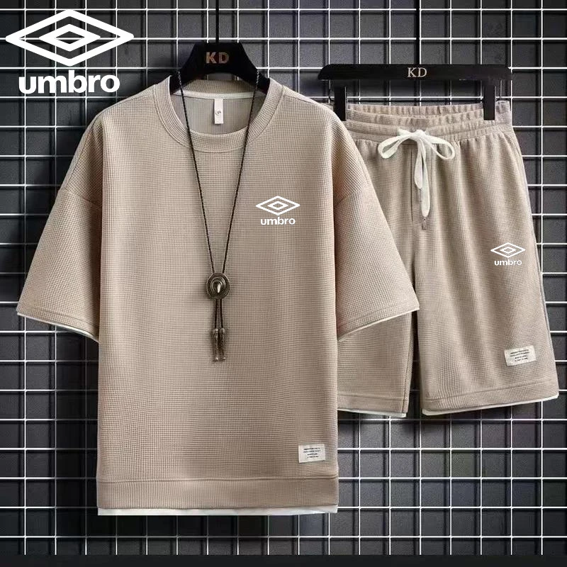 Embroidered Umbro Summer Men\'s Waffle Sets Casual T-Shirt And Shorts Set Male Sports Suit Tracksuit Loose Suits Size 3XL