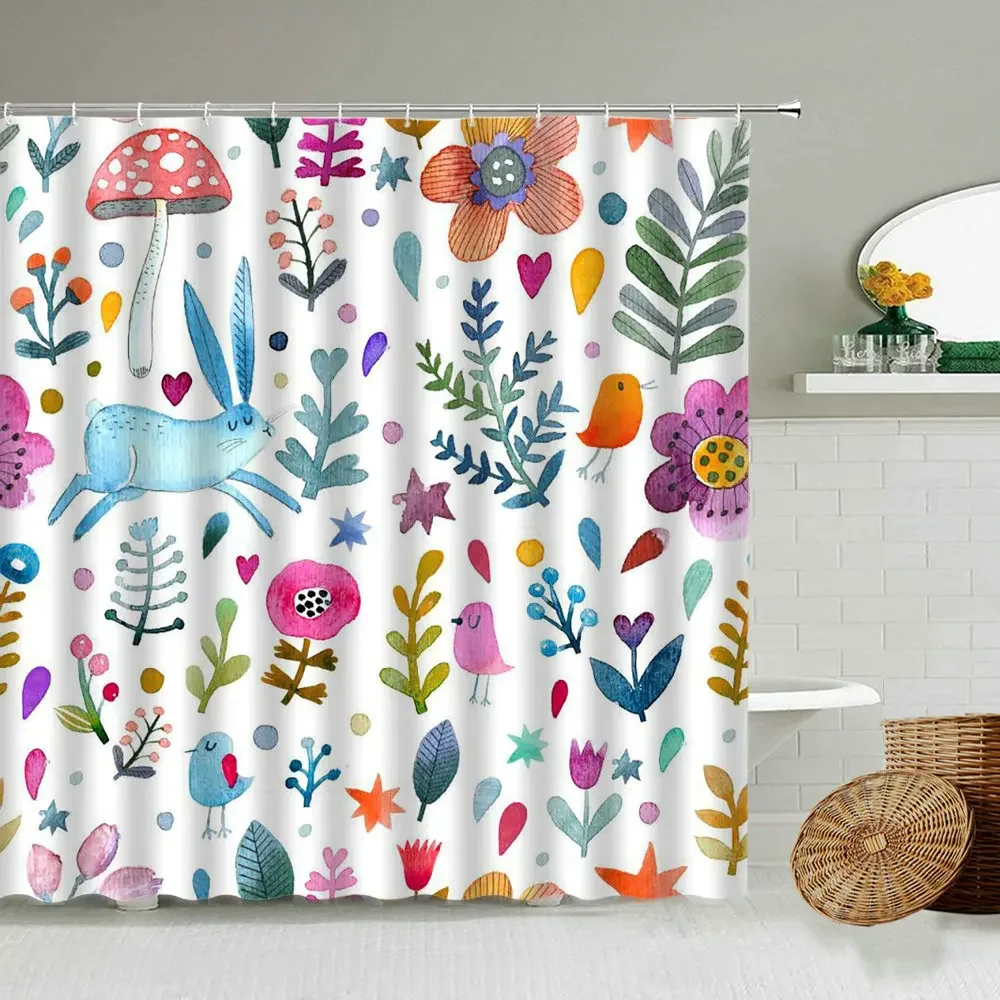 Cartoon Hand-Painted Animal Shower Curtain Cat Bird Rabbit Plant Flower Child Bathroom Decor With Hook Hanging Screen Washable