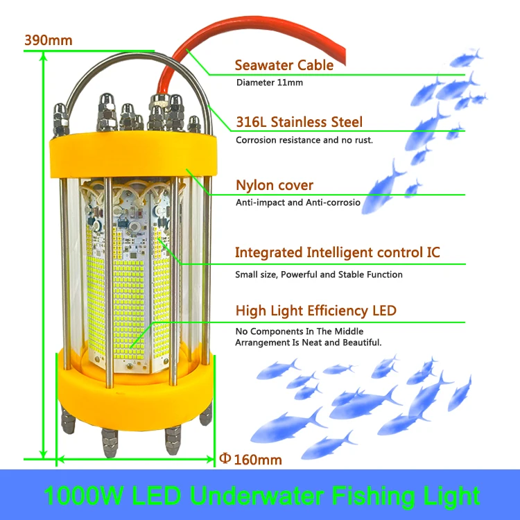 1000W vert 220vled projecteur lampe pour la pêche calmar saumon agriculture lumière étanche lumières de pêche