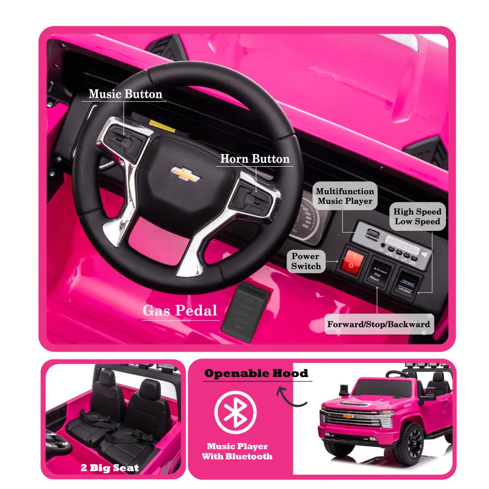 Roze, 24V 2-zits rit op vrachtwagenauto, gelicentieerde Chevrolet Silverado HD elektrische auto voor kinderen, 4WD-motoren, met 2.4G afstandsbediening