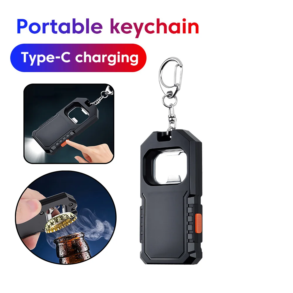 Multifunctional Keychain Flashlight Portable Type C Charging LED Emergency Light Camping Walking Pocket Lamp With Bottle Opener