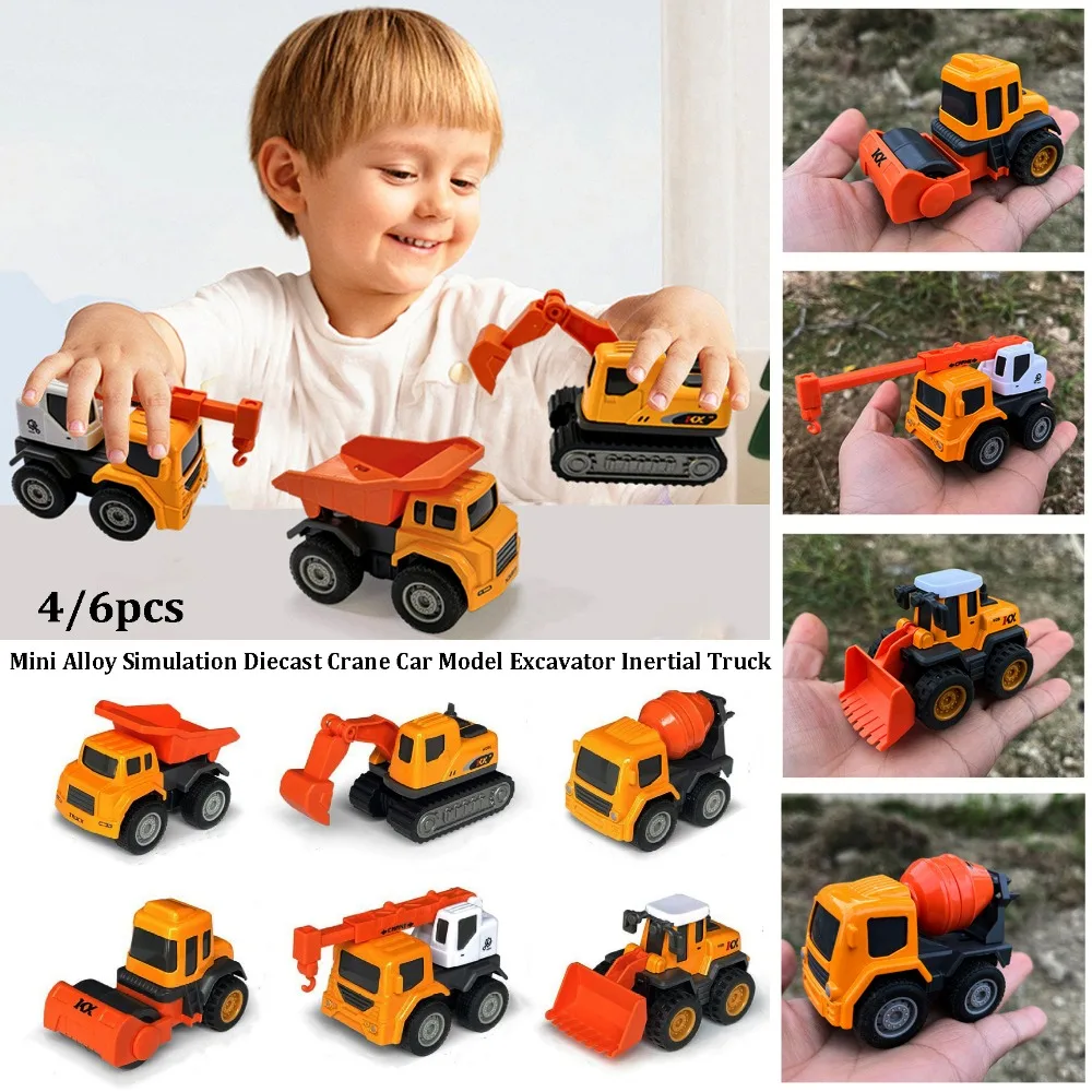 

4/6pcs Mini Simulation Diecast Crane Car Alloy 2 Styles Engineering Vehicle Toy Excavator Inertial Truck Sliding Boy Gift