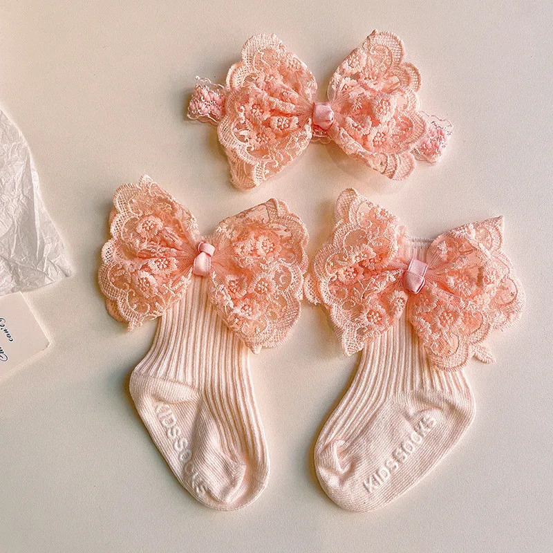 2pcs Bow Lace Baby Socks Newborn Cotton Baby Girls Sock Headband Cute Princess Style Toddler Socks Baby Accessories For Children