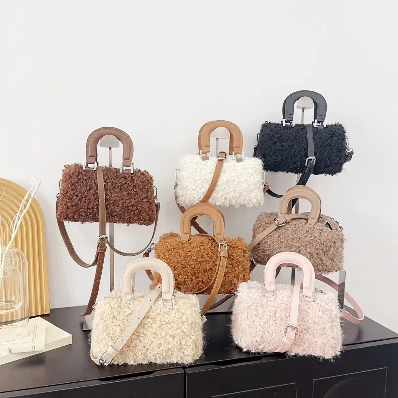 Winter Vintage Artificial Lamb Wool Boston Handbag Women's Soft Fluffy Small Single Shoulder Bag Plush Crossbody Faux Fur Bag