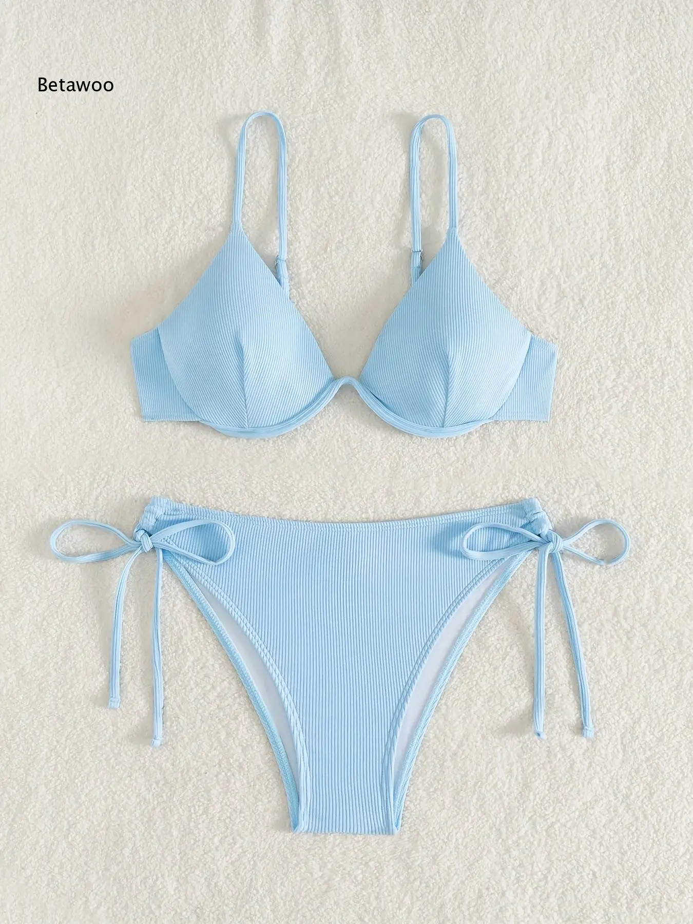Women's Ribbed Bikini Set Triangle Top with Adjustable Straps and Tie Side Bottom Swimwear Summer Beach Bathing Suit Two Piece