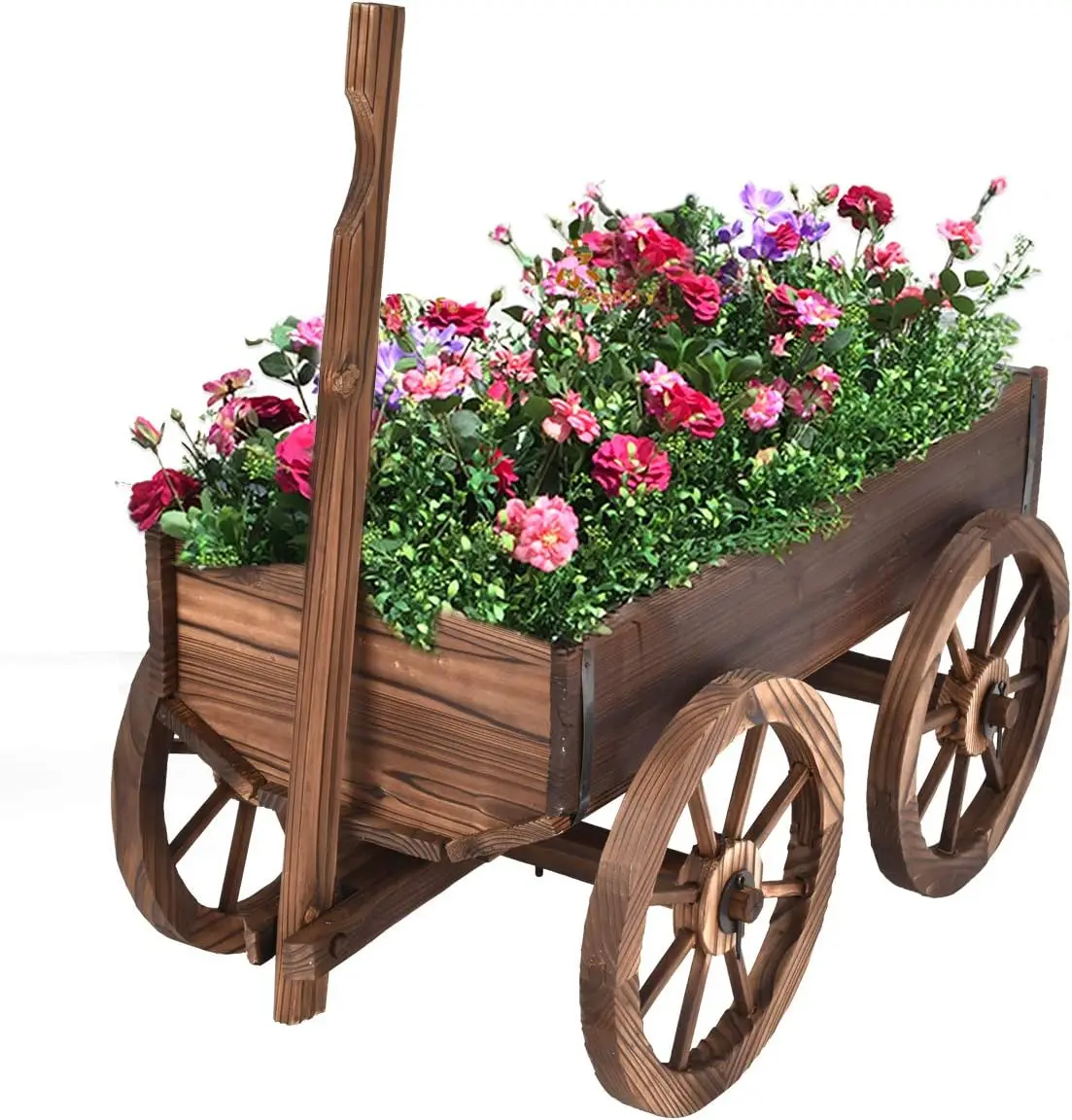 Outdoor Home Garden Wood Wagon Flower Planter Pot Stand with Wheels - Decorative and Functional