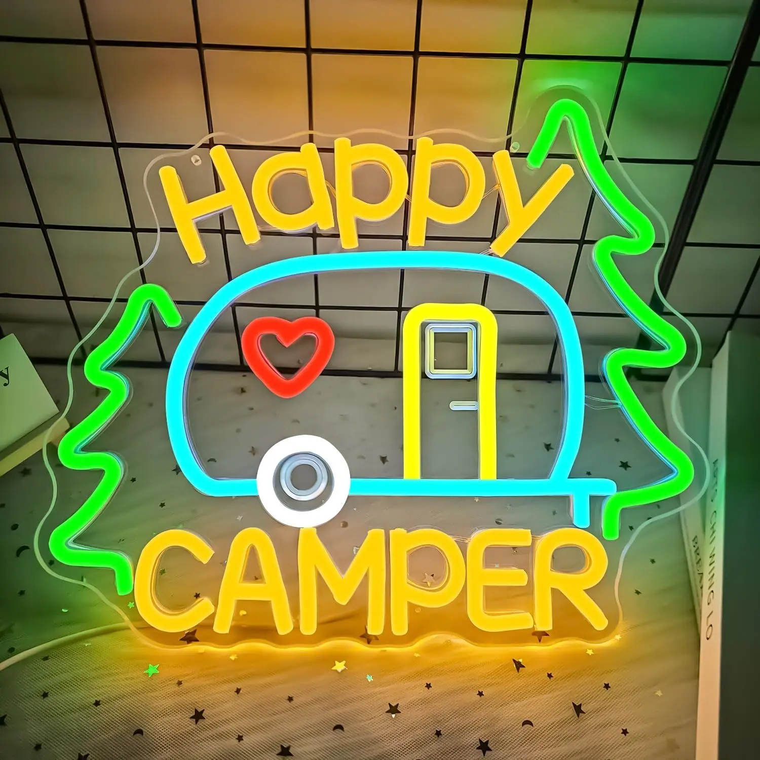 

Happy Camper Неоновая вывеска USB с регулируемой яркостью Светодиодный неоновый свет для вечеринки, бара, кафе, кемпинга, настенный декор, подарки для кемпинга, новогодние подарки