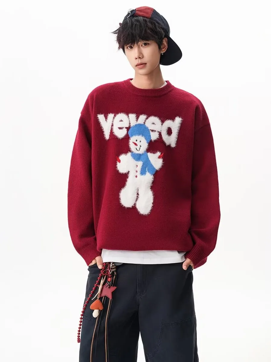 

Новогодний модный вязаный свитер с мультяшным снеговиком, круглый вырез, красный, унисекс, винтажный, универсальный топ, женский стиль, мужская мода, зима