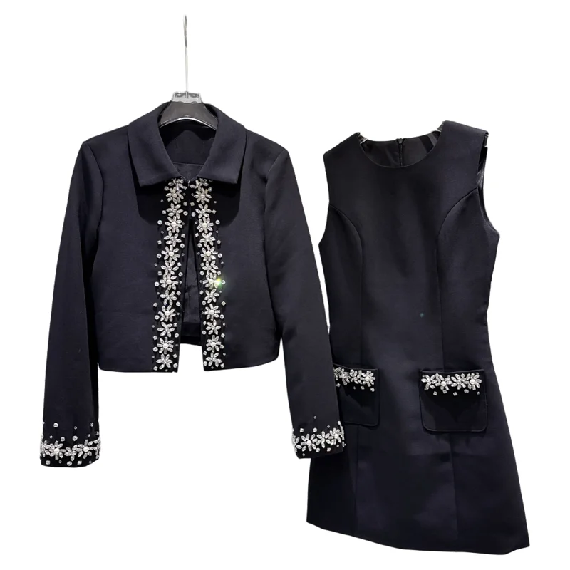 

Faionable ort Quilted Jaet And Vest Dr Set with Heavy Embellied s for Autumn Season Ele Lady Sle
