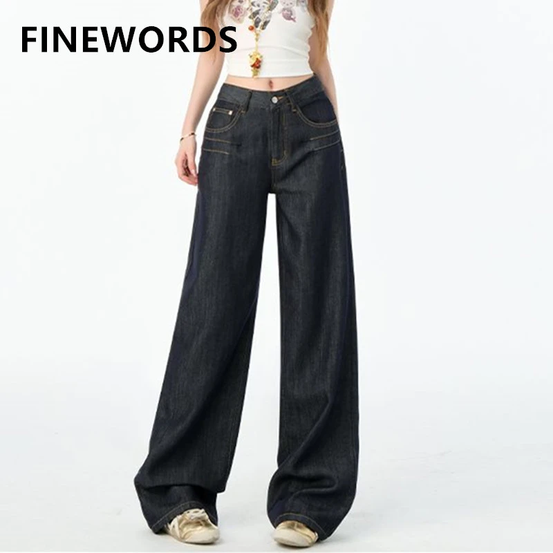 

FINEWORDS Casual Vintage High Waist Wide Leg Jeans Women Baggy Jeans Streetwear Easymatch Full Length Korean Denim Pants
