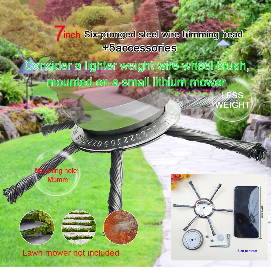 7-Inch Six-Claw Steel Wire Trimming Head with 5 Accessories Including a More Secure Aluminum Base Cover, 5mm Mounting Hole, Easy to Install