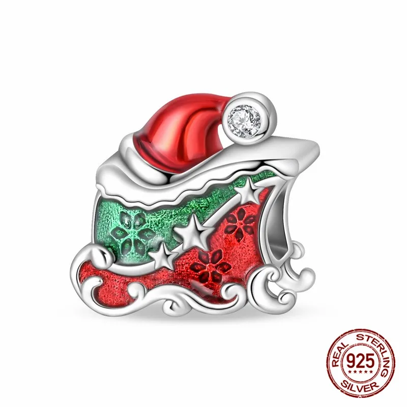 

925 Sterling Silver Zircon Christmas Hat Sleigh Design Pendant Bead paired with an original bracelet a DIY womens jewelry gift
