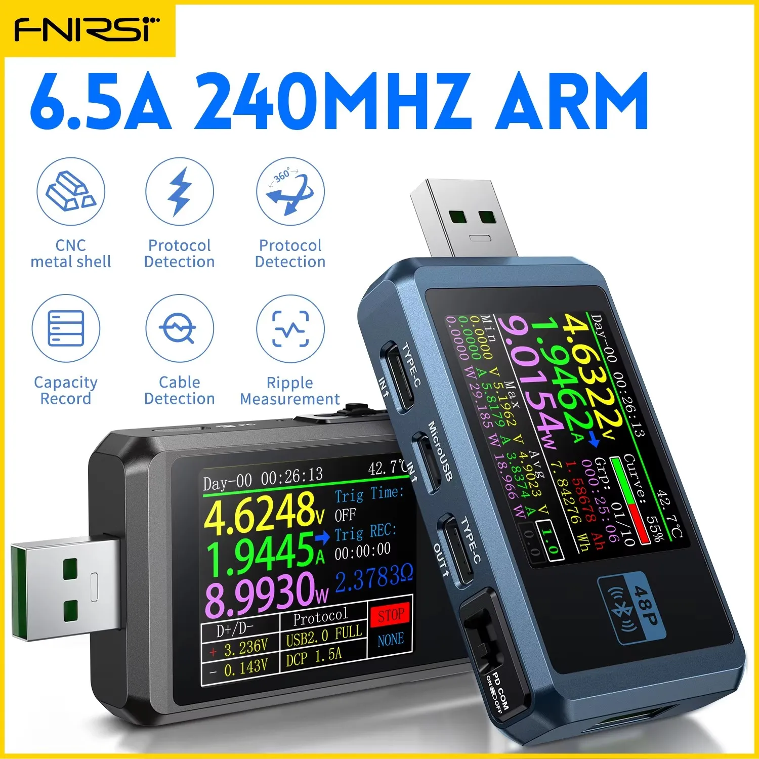 

FNIRSI-FNB48P Ammeter Voltmeter USB Tester TYPE-C Fast Charge Detection Trigger Capacity Ripple Measurement with CNC Metal Shell