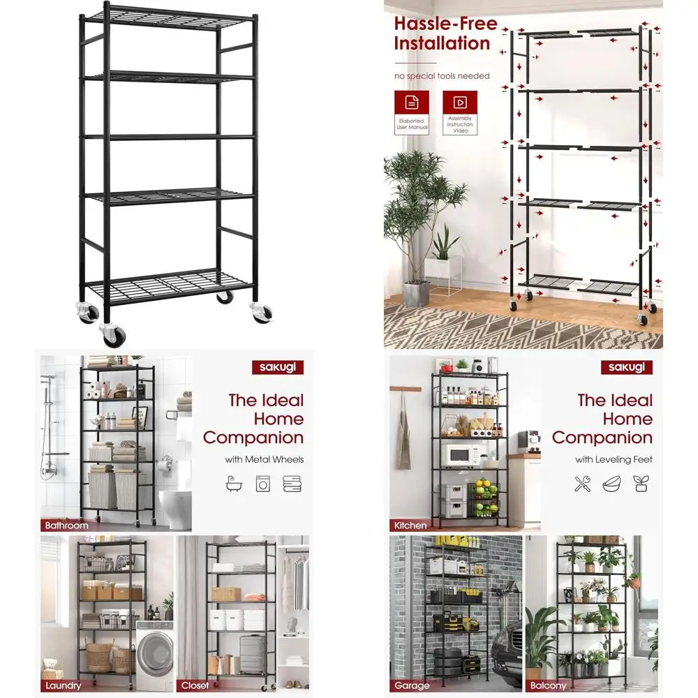 

5-ярусная регулируемая металлическая полка на колесиках для гаража, кухни и хранения вещей в кладовке, 33.1x12.6x73.5, черная