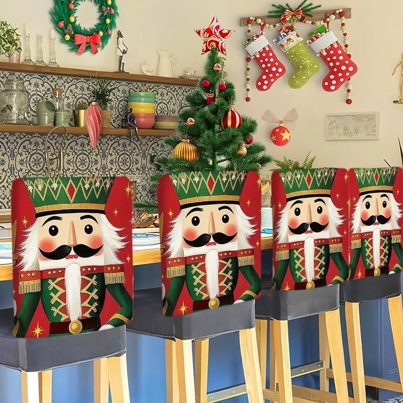 VIKAMA Xmas Dining Chair Slipcover Nutcracker Soldier Pattern Dustproof For Kitchen Banquet Christmas Party Decor