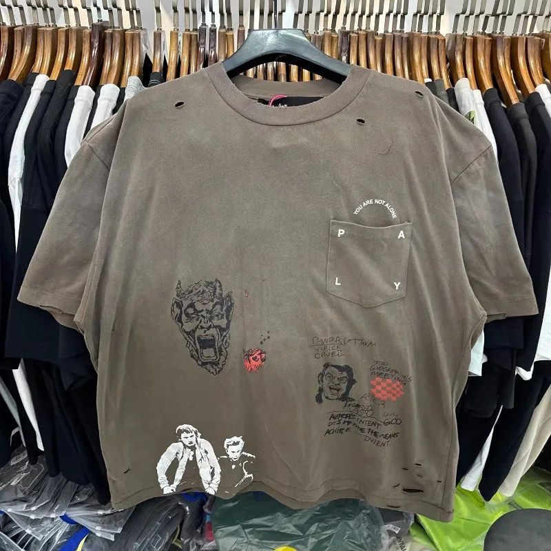 Paly Hollywood Mens Shirts Oversized Pure Cotton Destroy Wash Retro T-Shirts